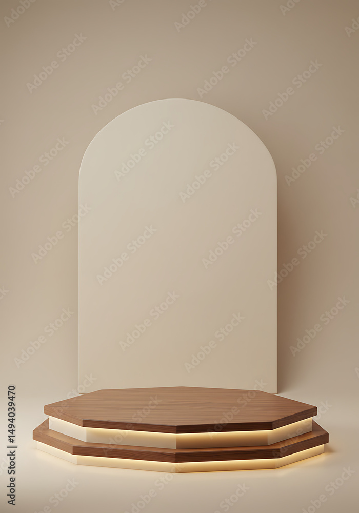 Aufkleber elegant podium display: a minimalist architectural composition showcases a hexagonal wooden podium, 