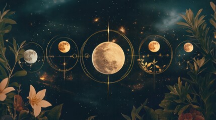 Stunning long exposure astrophotography scene of lunar phases showcasing full moon new moon and lunar cycles in night sky with stars and celestial elements framed by lush tropical plants and flowers