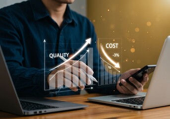 Quality control and cost optimization strategy. Businesswoman analyzing graph increased quality and decreased cost, efficiency improvement, cost reduction in operations, business effective, efficient,