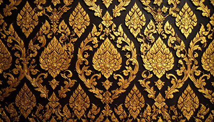 an ornate, richly detailed fabric with a repeating pattern of intricate floral designs in various shades of gold against a dark background