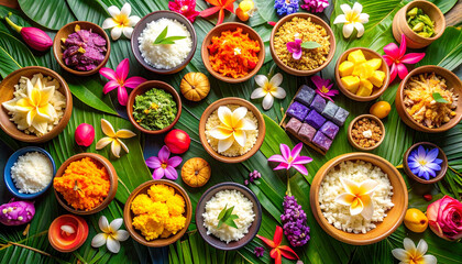 Fototapeta premium a vibrant display of various thai dishes arranged neatly around a central motif of tropical leaves. each dish is contained in a small bowl, suggesting an assortment of flavors and ingredients