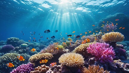 Colorful coral reef under clear blue water with sunbeams shining through the surface ocean, surrounded by a variety of tropical fish swimming peacefully in a vibrant and thriving marine ecosystem.