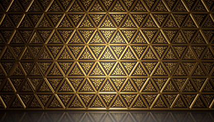 a close up view of intricate golden geometric patterns forming a textured wall, giving an impression of a luxurious interior setting.