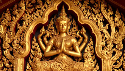 a majestic golden statue of lord buddha in a meditation pose inside an intricate temple like structure with red walls and elaborate gold carvings
