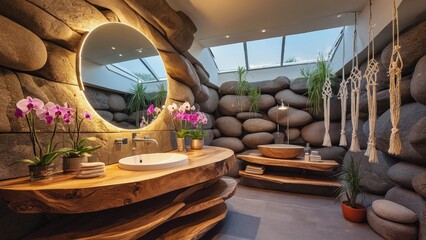 Nature-inspired luxury bathroom with stone walls, wooden sink counter, round mirror, hanging plants, orchids, and skylight, creating a warm, earthy and relaxing spa-like retreat full of organic charm.