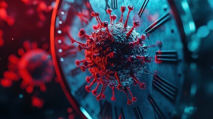 Time-lapse effect of virus particles spreading over a clock face, covid, urgency and infection time. 