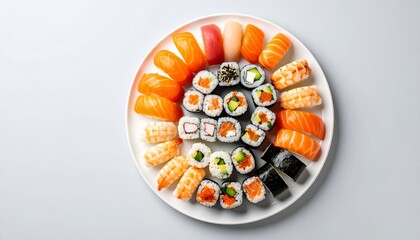 Professional photo of a plate of classic sushi neatly arranged on a white round plate, isolated on a light gray background with empty space on the left side