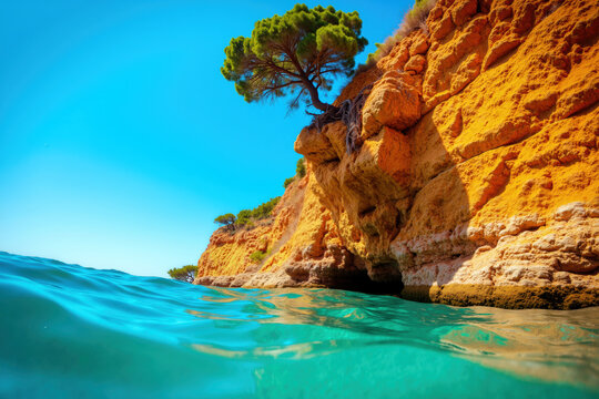 A serene coastal scene featuring a rugged, orange cliff adorned with a lone tree overlooking crystal clear blue water.