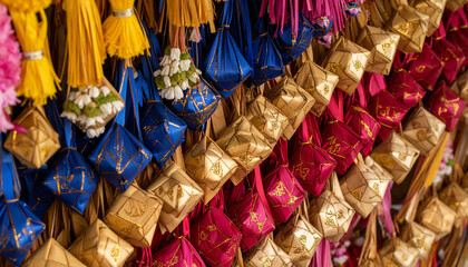 Fototapeta premium the photo captures a vibrant display of paper lanterns, each adorned with intricate designs in shades of red, blue, gold, and purple