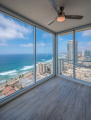 Fototapeta premium Ocean View from High-Rise Condo, Interior Corner Room with Hardwood Floors, Sunny Day, San Diego, California, USA