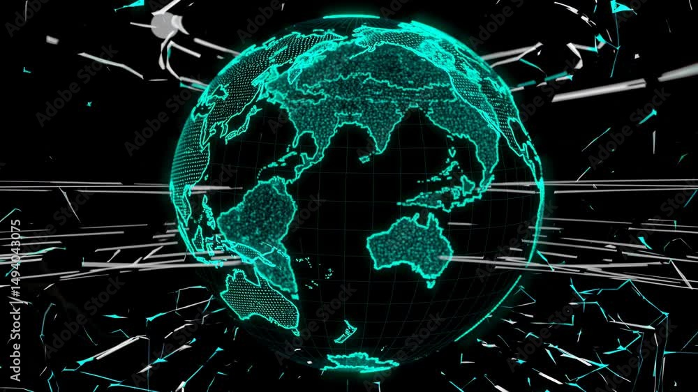 Poster neon green digital globe with data visualization on black background