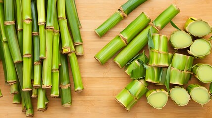 Fototapeta premium Fresh Green Sugarcane Stalks and Cut Pieces on Wooden Board