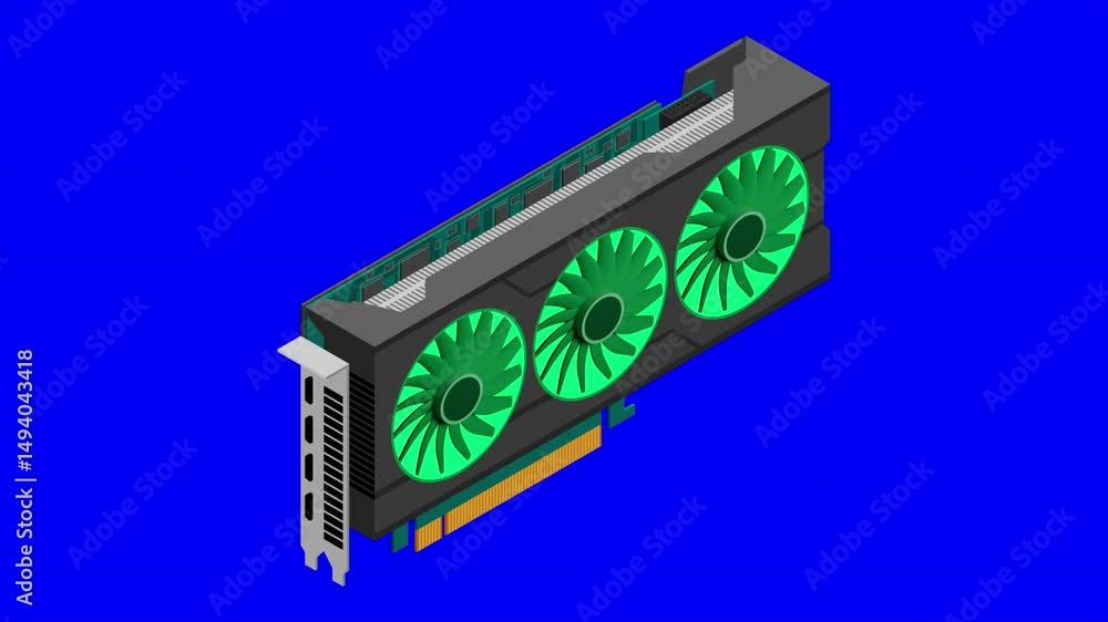 Poster isometric video graphic card animation. video card isometric. computer hardware components. gpu grap