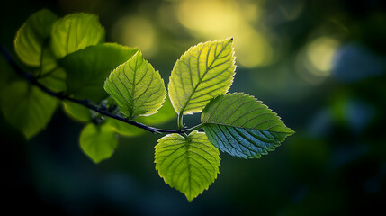 Close-up view of vibrant young leaves on a branch.
