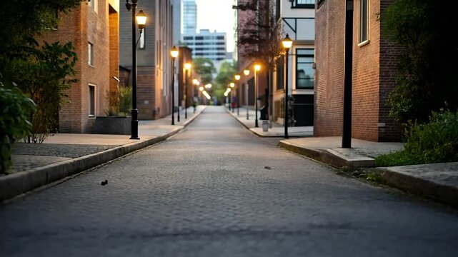 Narrow cobblestone street in urban setting flanked by brick buildings illuminated by streetlights in twilight. Cinematic perspective, evoking nostalgia and tranquility.