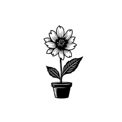 Elegant monochrome flower illustration in pot with detailed petals and leaves