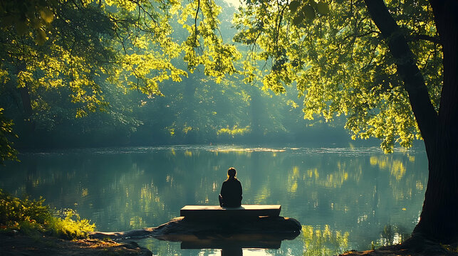 Peaceful person meditating by tranquil lake in forest.