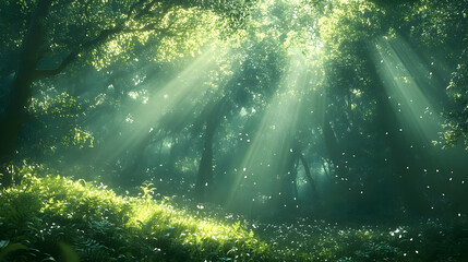 Fototapeta premium Lush forest bathed in radiant sunlight.