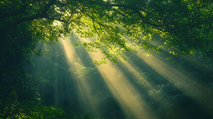 Lush forest canopy bathed in golden sunlight beams.