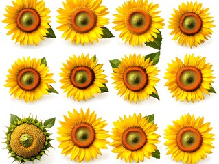 Vibrant Sunflowers Collection,  Blooming Yellow Flowers Isolated on White Background