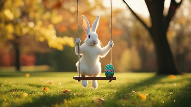 bunny playfully swinging on a rope, in mid-air, surrounded by lush greenery on easter day, carefully cradling a delicate Easter egg in its paws created with generative ai	