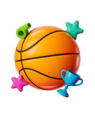 3D Basketball Game Icon Set Trophy, Whistle & Ball on Transparent Background