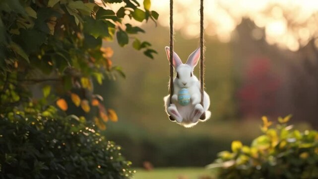 bunny playfully swinging on a rope, in mid-air, surrounded by lush greenery on easter day, carefully cradling a delicate Easter egg in its paws created with generative ai	