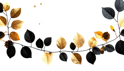 Gold and Black Leaves on Vine Against Transparent Background