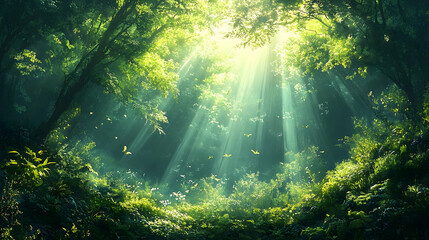 Lush forest interior illuminated by sunlight rays.