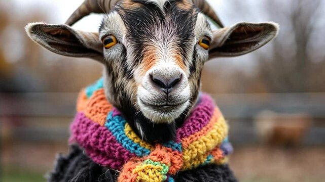 Close-up portrait of an animal wearing a colorful knitted scarf against a blurred autumn backdrop. The animal has a friendly expression.