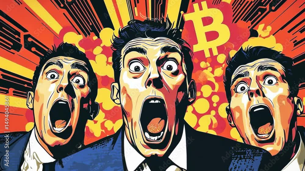 Poster three men expressing shock with a bitcoin symbol in the background.