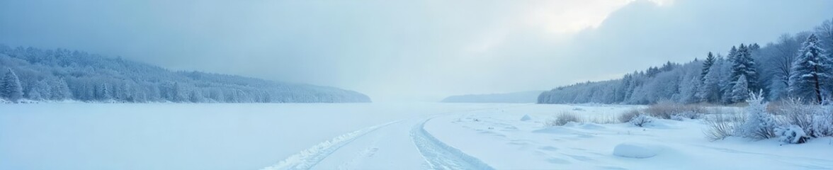 A desolate, snow-covered landscape stretches to a frozen lake under a bleak winter sky The scene evokes a sense of isolation and the harsh beauty of a cold environment , environment, tranquil