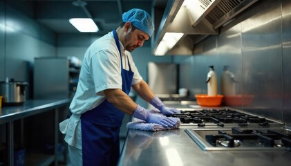 A diligent cleaning crew meticulously scrubs and polishes gleaming stainless steel appliances in a commercial kitchen, ensuring hygiene and operational efficiency , restaurant, clean, detail