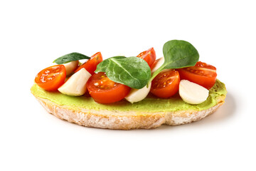 Tasty sandwich with avocado hummus, tomatoes, mozzarella cheese and basil on white background