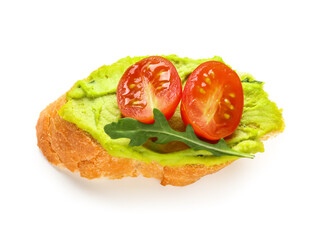Piece of bread with tasty avocado hummus and tomatoes on white background