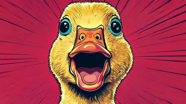 Vibrant illustration of a duck with an expressive face against a bold background.