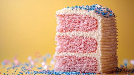 Gender Reveal Cake Banner: Pink Sponge Cake with Blue Confetti on Pastel Yellow