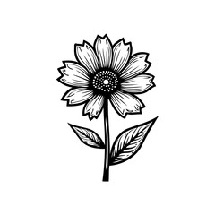 Monochrome botanical illustration of a stylized sunflower with leaves