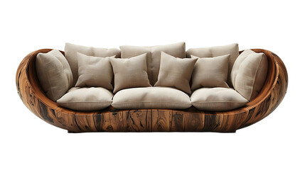 Obraz premium Curved hardwood sofa with tufted cushions isolated on transparent background