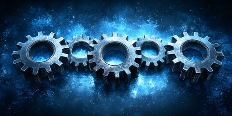 Interlocking Metal Gears Mechanism Abstract Blue Background