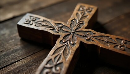 Close-up of a wooden cross with intricate carvings, showcasing Christian faith , belief, redemption, detail