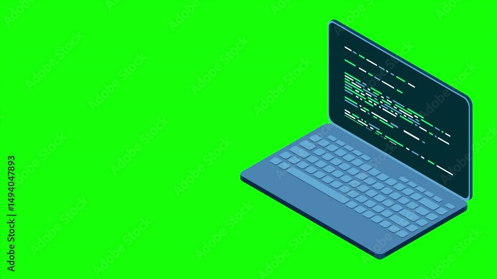 Poster Isometric laptop animation. 3d isometric laptop computer. Abstract programming language and program code on a laptop screen. 4K video animated in isometric style