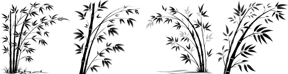 Obraz premium Bamboo Plant Silhouettes, Elegant Black Vector Set of Bamboo Stalks and Leaves for Asian and Botanical Designs