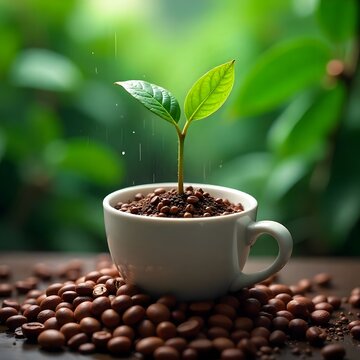 Nurturing Coffee: A vibrant seedling sprouts from a coffee cup, symbolizing growth, freshness, and the beginning of new things.