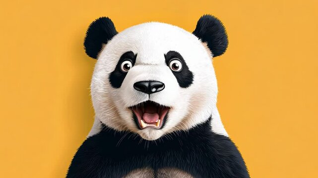 Surprised panda with a vibrant yellow background.