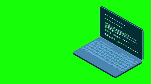 Isometric laptop animation. 3d isometric laptop computer. Abstract programming language and program code on a laptop screen. 4K video animated in isometric style
