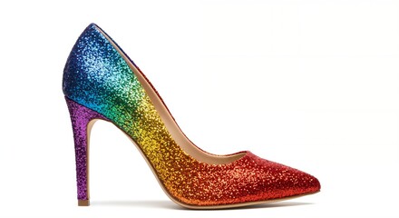 A vibrant rainbow glitter stiletto high heel pump with a pointed toe, showcasing a spectrum of sparkling colors from red to purple, isolated against a clean white background.