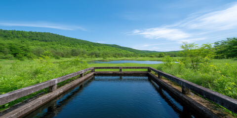 Fototapeta premium A wooden platform extends over a pond surrounded by lush greenery and hills under a clear blue sky. Scenic nature landscape with vibrant colors