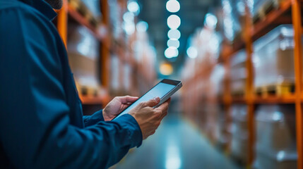 Supervisor managing goods using technology in modern warehouse
