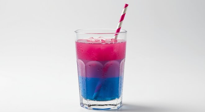 A vibrant layered cocktail in a tall glass, featuring distinct bands of pink, purple, and blue, served with ice and a striped straw, evoking the colors of the bisexual pride flag.
